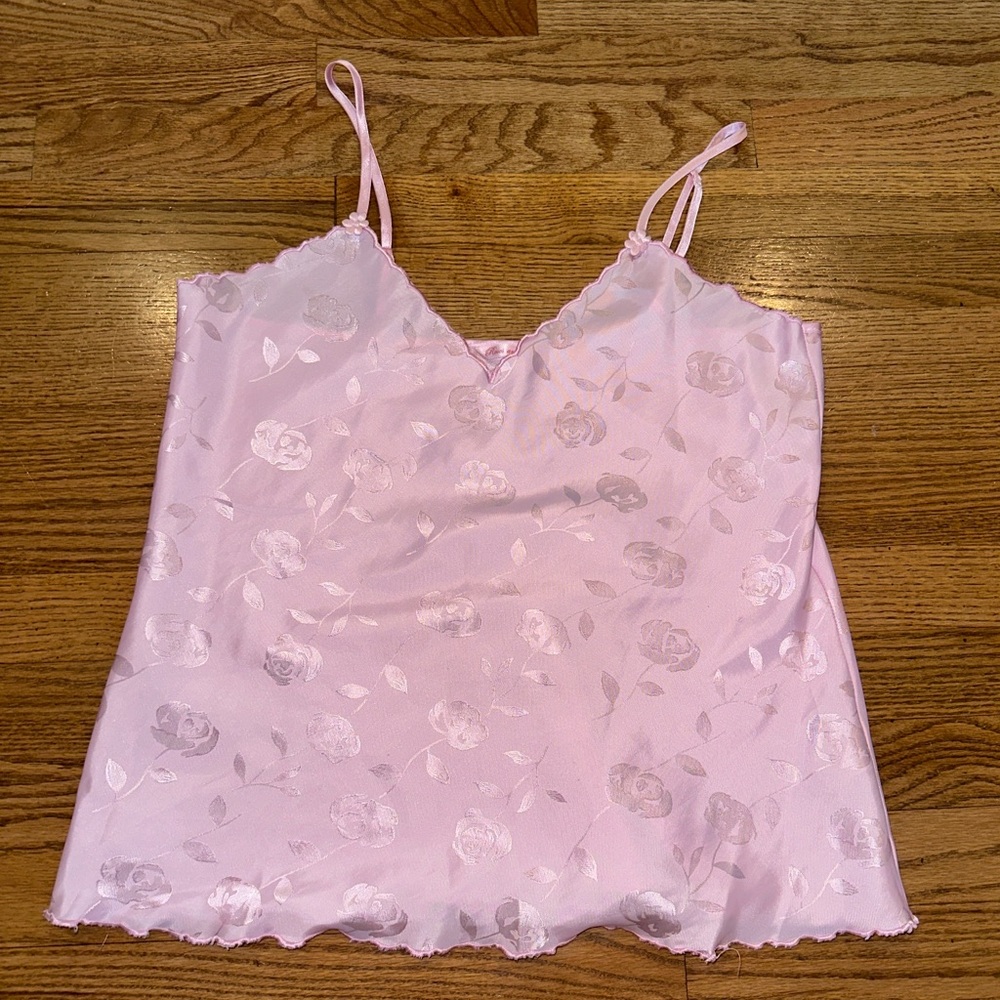 Vintage y2k Pink Silk Slip top w/ rose pattern